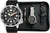 Montre pour homme dans son étui, bracelet noir et boîtier argenté visibles