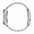 Montre pour femme, vue latérale, avec couronne moletée et bracelet à maillons en acier inoxydable