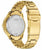 Rückseite einer goldfarbenen Herrenuhr mit Gehäuseboden und Metallarmband