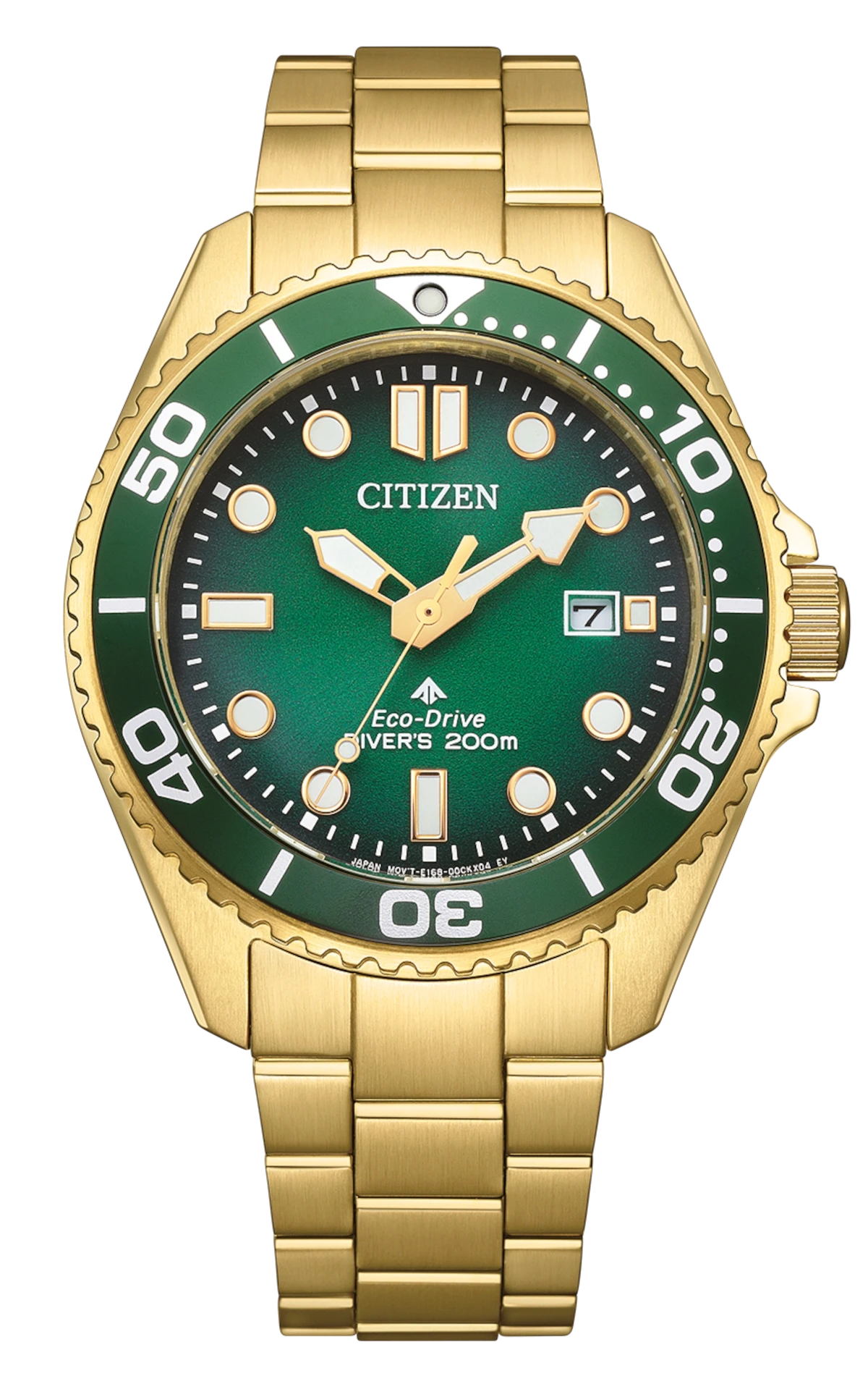 Goldfarbene Herrenuhr mit grünem Zifferblatt, Taucher-Lünette und Metallarmband