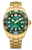 Goldfarbene Herrenuhr mit grünem Zifferblatt, Taucher-Lünette und Metallarmband