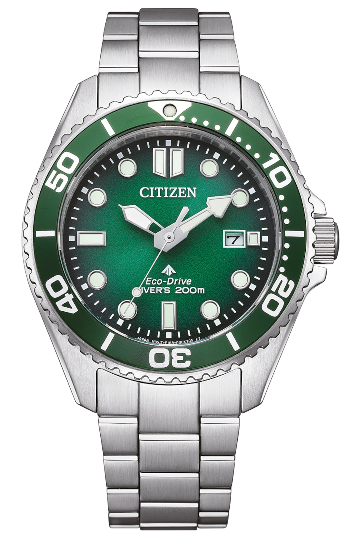 Montre homme avec cadran vert, bracelet en acier inoxydable et lunette tournante