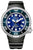 Vue de face d'une montre pour homme avec bracelet en caoutchouc noir, cadran bleu et lunette tournante.