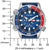 Montre homme avec lunette bleue, guichet date ; schéma technique avec indications en millimètres