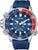 Montre homme avec cadran bleu, lunette rouge et guichet date, bracelet en silicone bleu