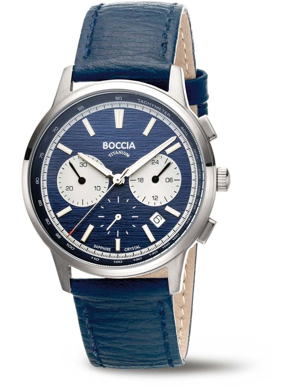Boccia Titan-Chronograph: Herren-Armbanduhr mit blauem Lederband und blauem Zifferblatt