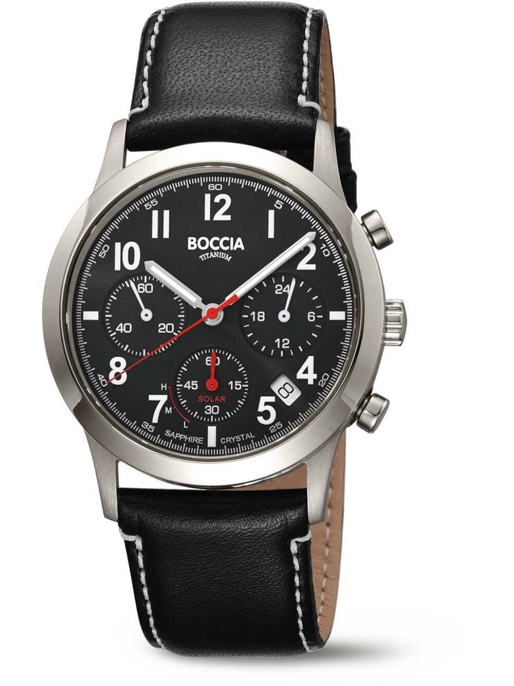 Herrenarmbanduhr Boccia mit schwarzem Lederarmband, rundem Gehäuse und Chronographen-Zifferblatt