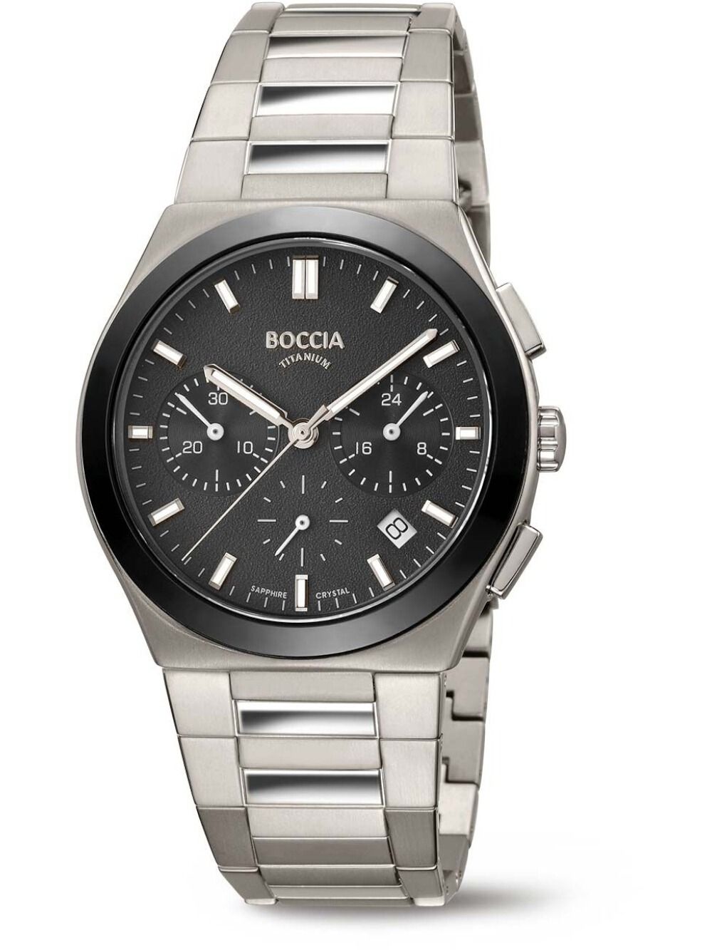 Herren-Chronographenarmbanduhr Boccia mit Titanband, schwarzem Zifferblatt, Saphirglas