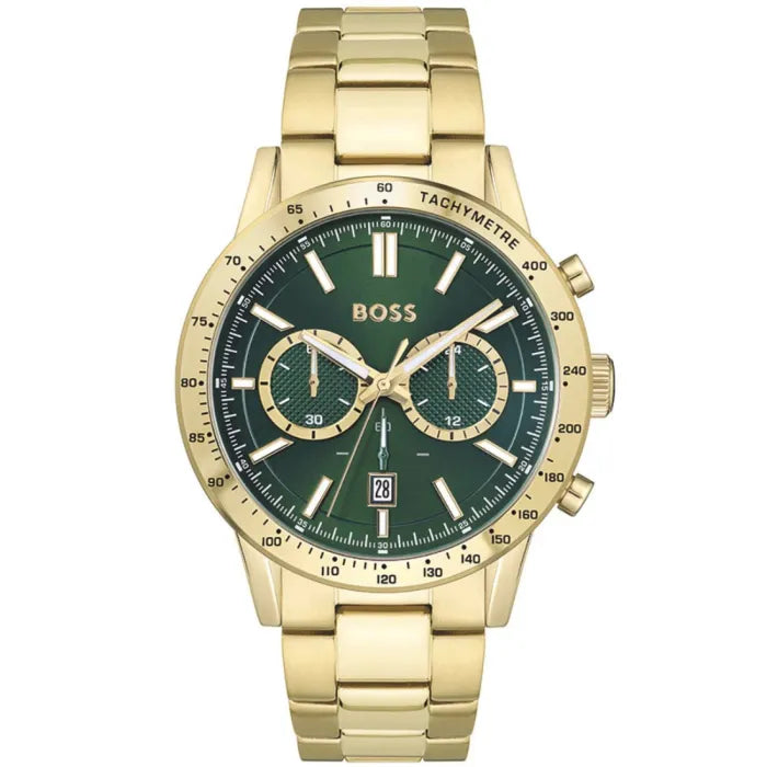 BOSS Herrenuhr mit goldfarbenem Edelstahlarmband, dunkelgrünem Zifferblatt und Chronograph