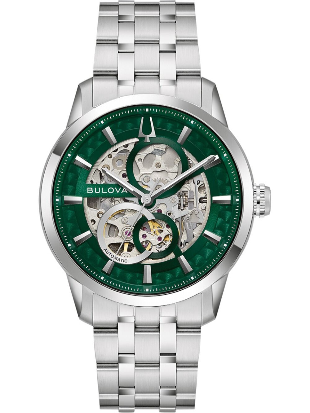 Bulova Herrenarmbanduhr mit grünem Zifferblatt und Skelettwerk, Edelstahlarmband