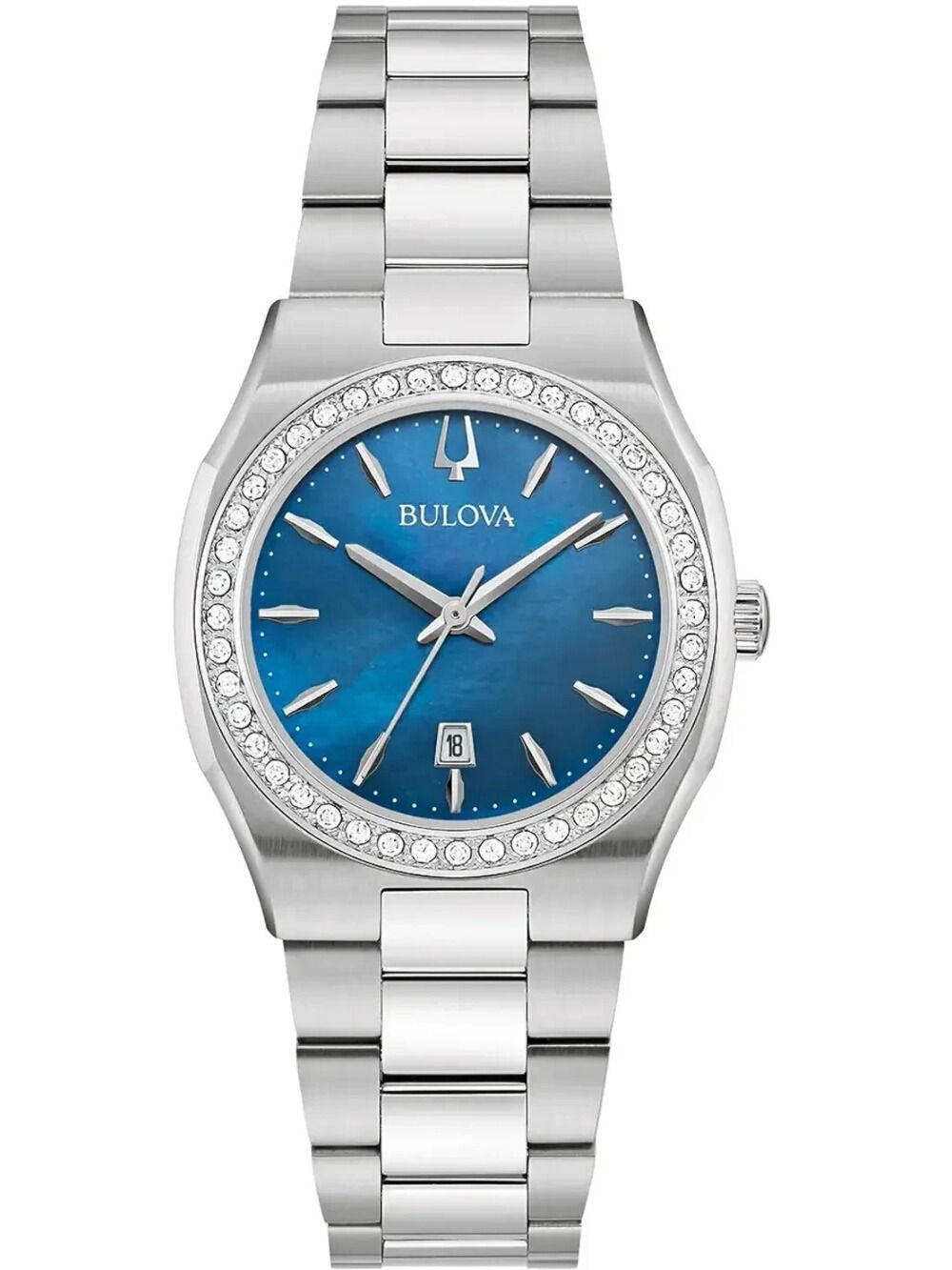 Bulova Damenuhr mit blauem Zifferblatt, Diamant-Lünette und silbernem Metallarmband