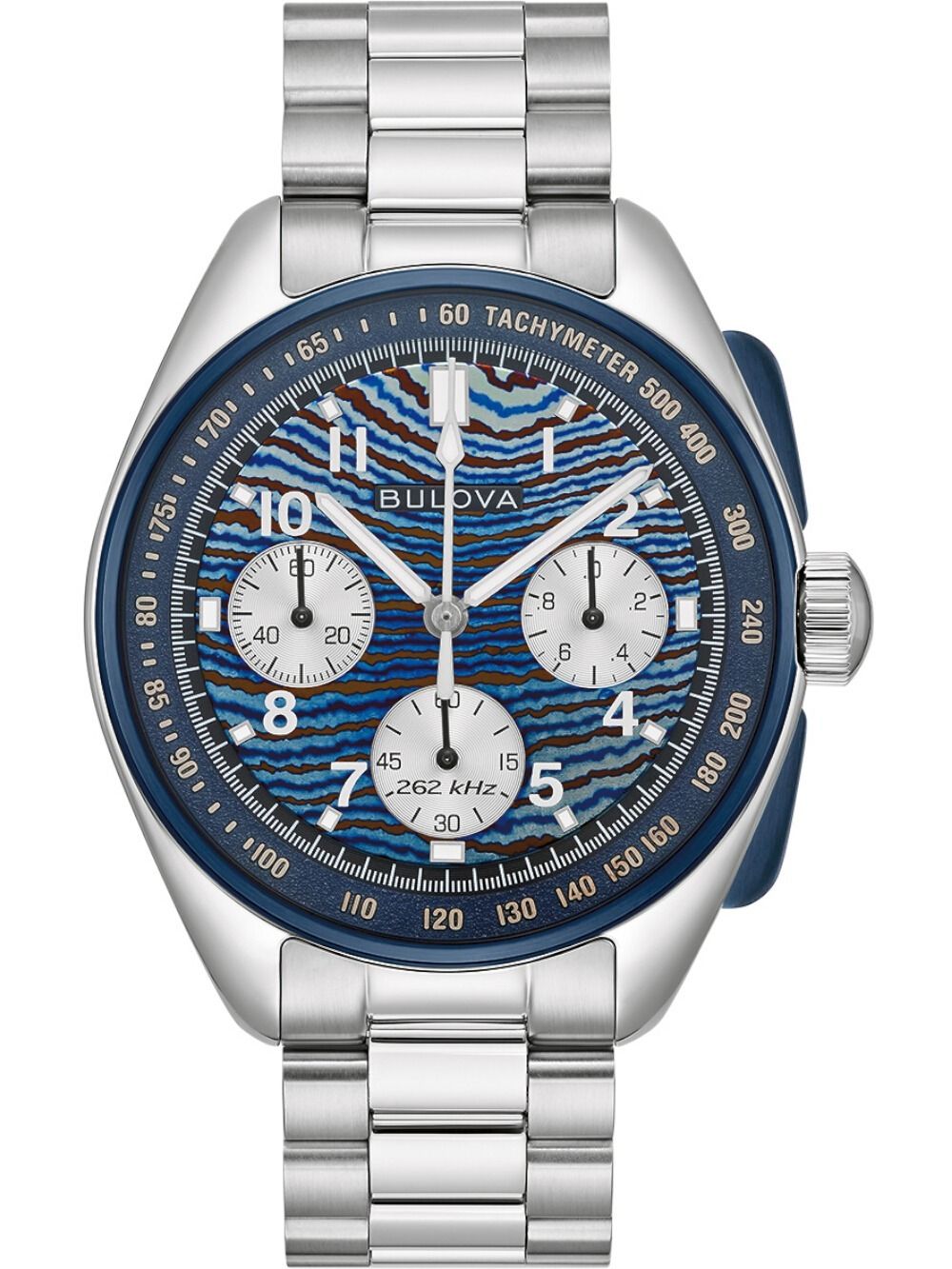 Bulova Herrenarmbanduhr mit blauem Chronograph-Zifferblatt und Tachymeter, Metallband