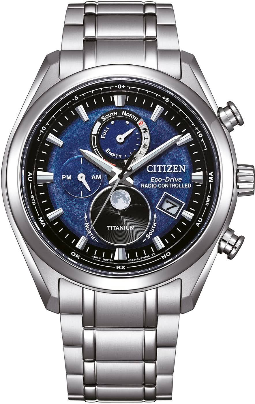 Montre Citizen Tsuki-yomi BY1010-81L pour homme • Super Titanium • Phases de lune et radio-pilotée