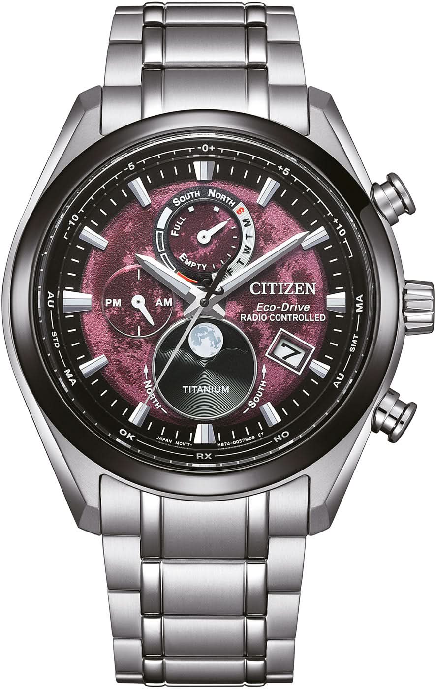 Herrenuhr mit schwarzem Zifferblatt, Edelstahlarmband und Mondphasen-Anzeige