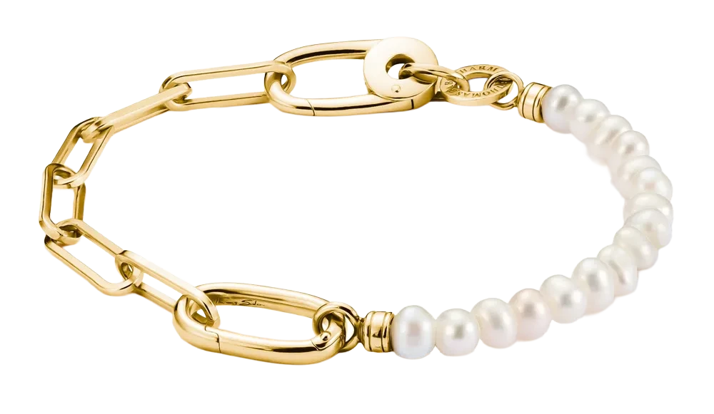 Bracelet gourmette doré avec perles blanches et maillons Connect, breloque en forme de cœur