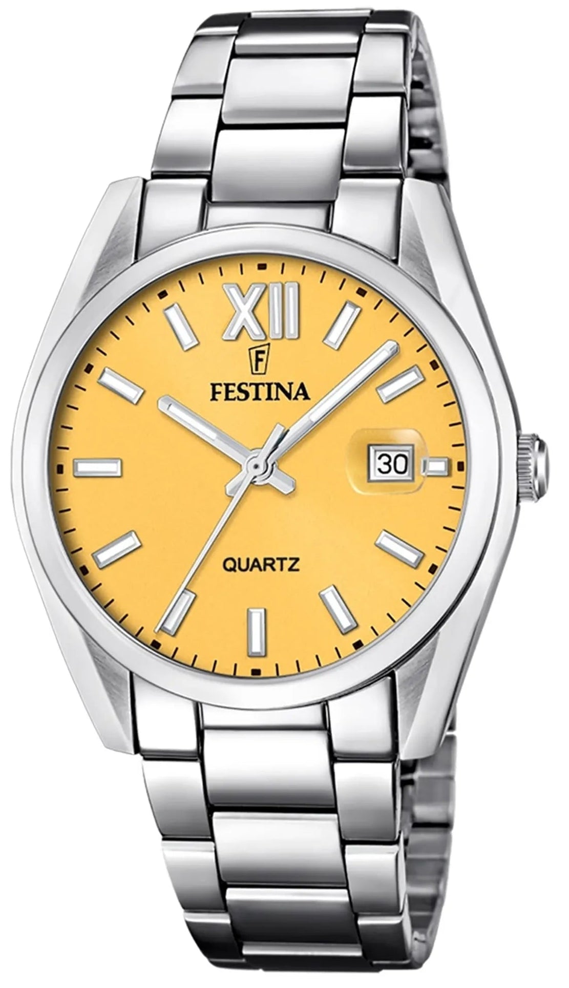 Montre pour homme avec bracelet en acier inoxydable argenté, cadran jaune, chiffres romains et affichage de la date 30