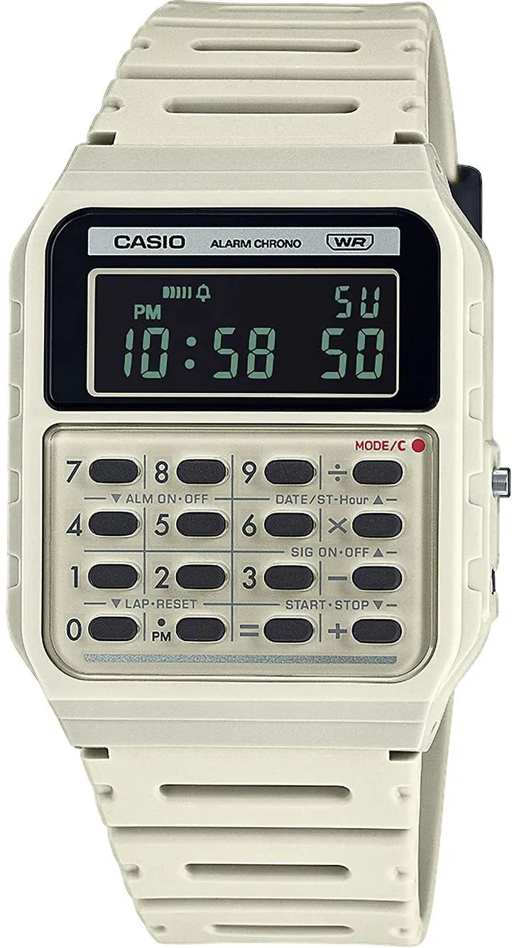 Casio Montre numérique vintage avec bracelet en plastique beige et écran LCD, boutons