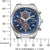 Montre bracelet pour homme, vue de face, avec cadran bleu, chronographe et indicateurs de tachymètre