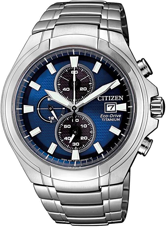Herrenarmbanduhr mit blauem Zifferblatt, Titanarmband und Chronographen-Subziffern