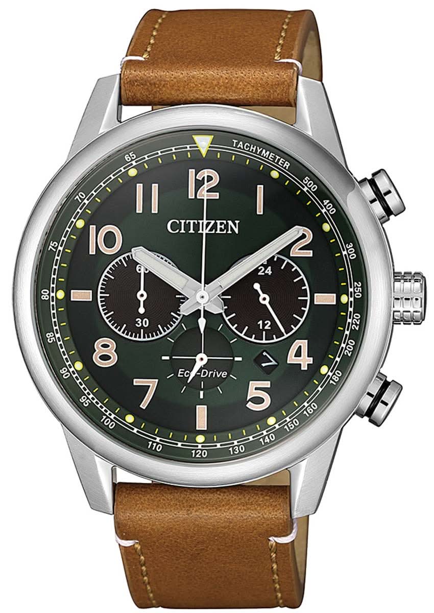 Montre chronographe Citizen avec bracelet en cuir marron, cadran noir, fonction chronomètre