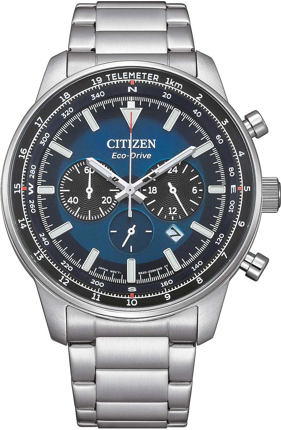 Montre homme : cadran bleu, bracelet en acier inoxydable, chronographe avec sous-cadrans