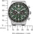 Montre homme vue de face avec cadran vert, chronographe et lunette tachymètre