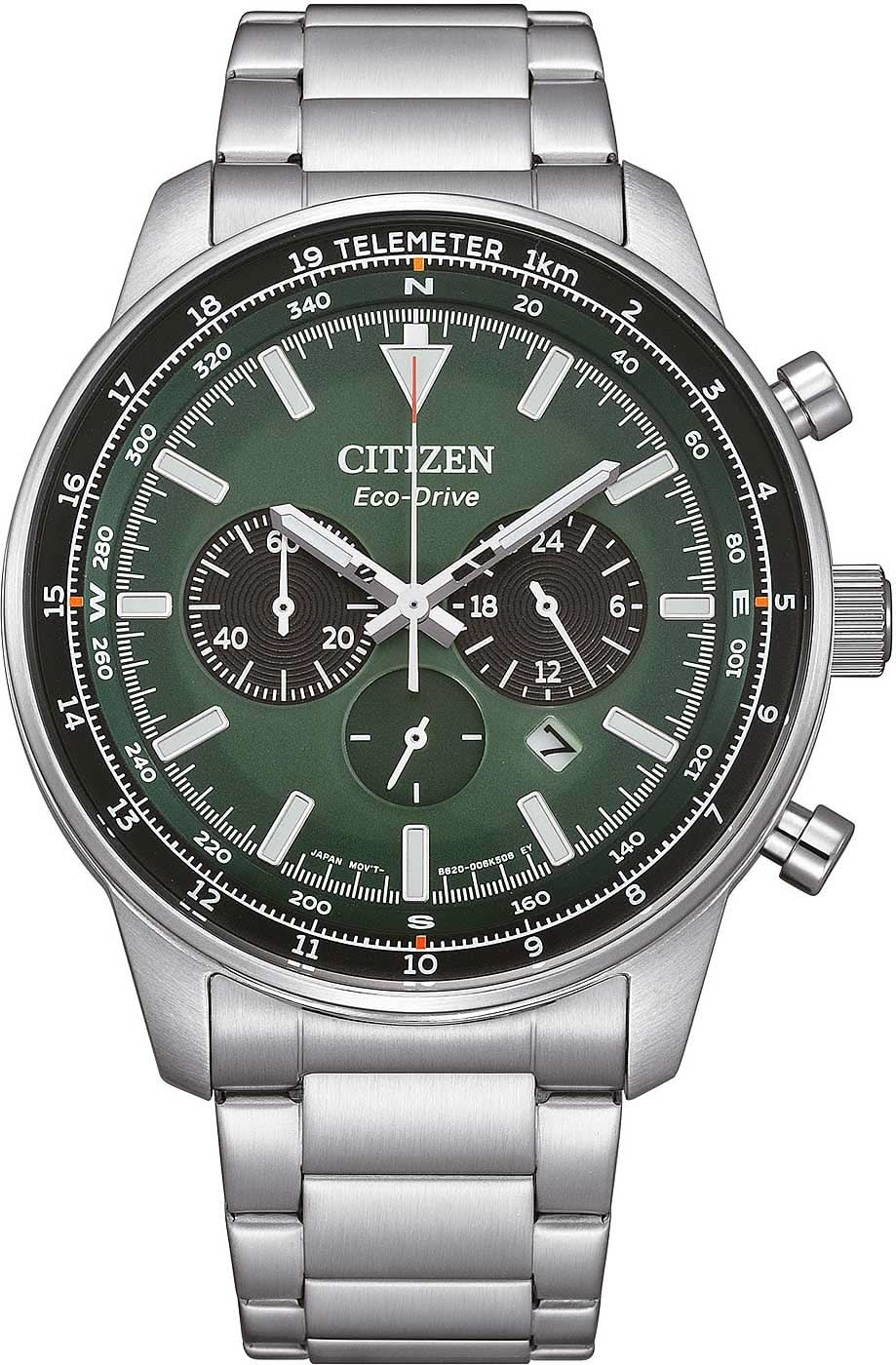 Montre pour homme avec cadran vert, chronographe et bracelet en métal
