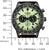 Montre homme de face avec cadran vert, boîtier noir et bracelet en cuir