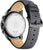 Montre homme vue de dos : bracelet en cuir noir avec surpiqûre, boîtier argenté