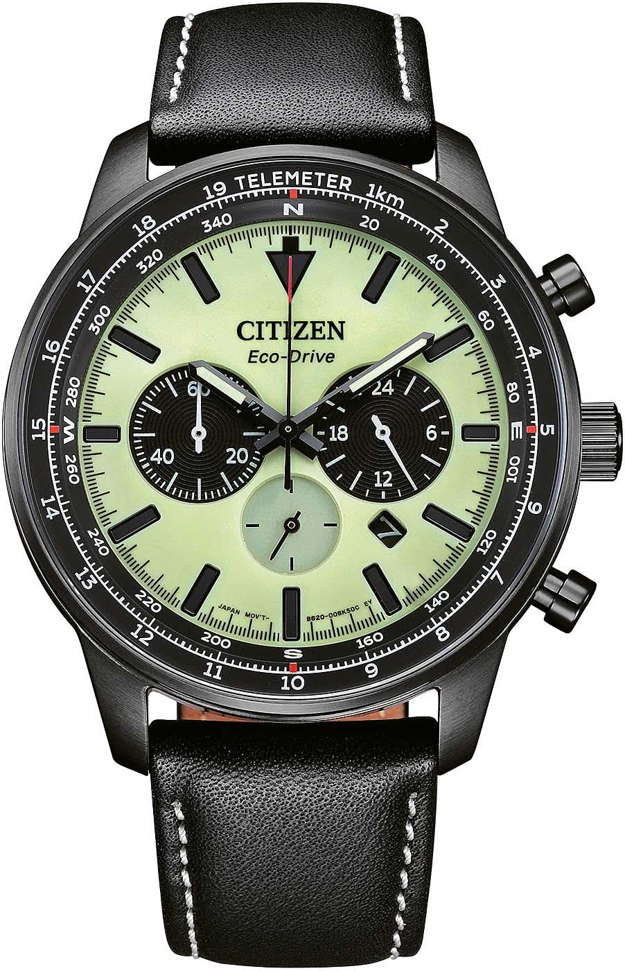 Montre homme avec cadran vert, look chronographe et bracelet en cuir noir