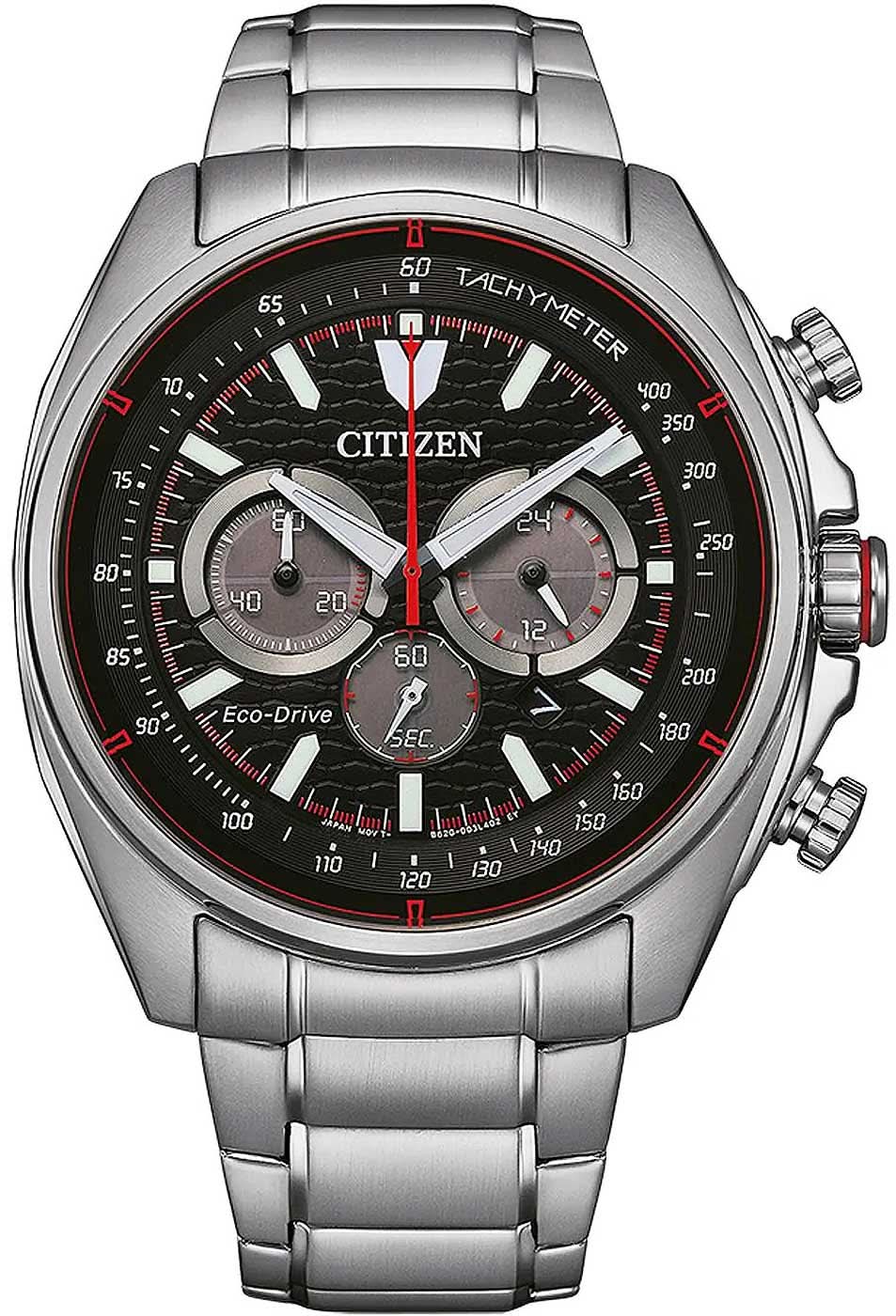Herren-Chronographenarmbanduhr: schwarzes Zifferblatt mit roten Akzenten, Edelstahlband.