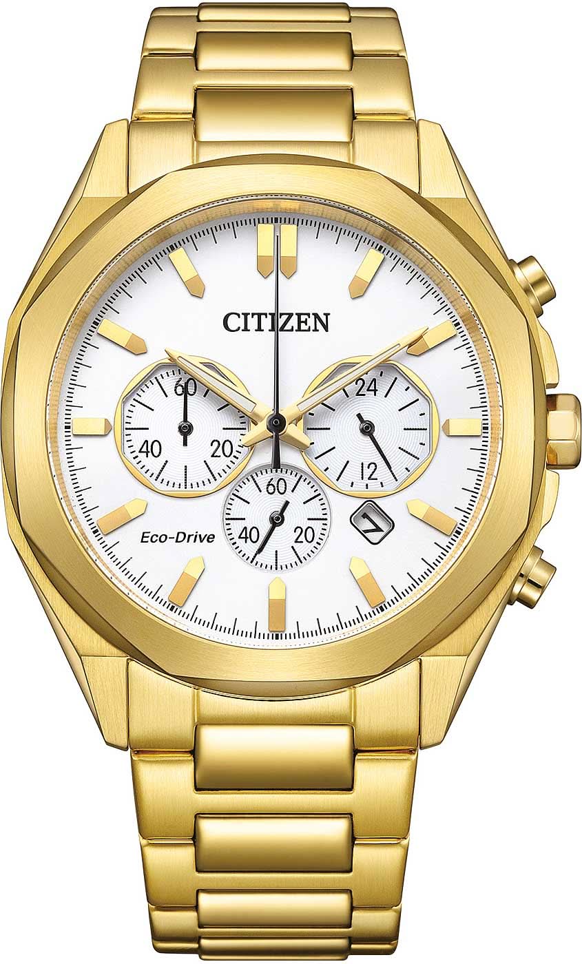 Montre homme dorée avec chronographe, cadran blanc et bracelet à maillons