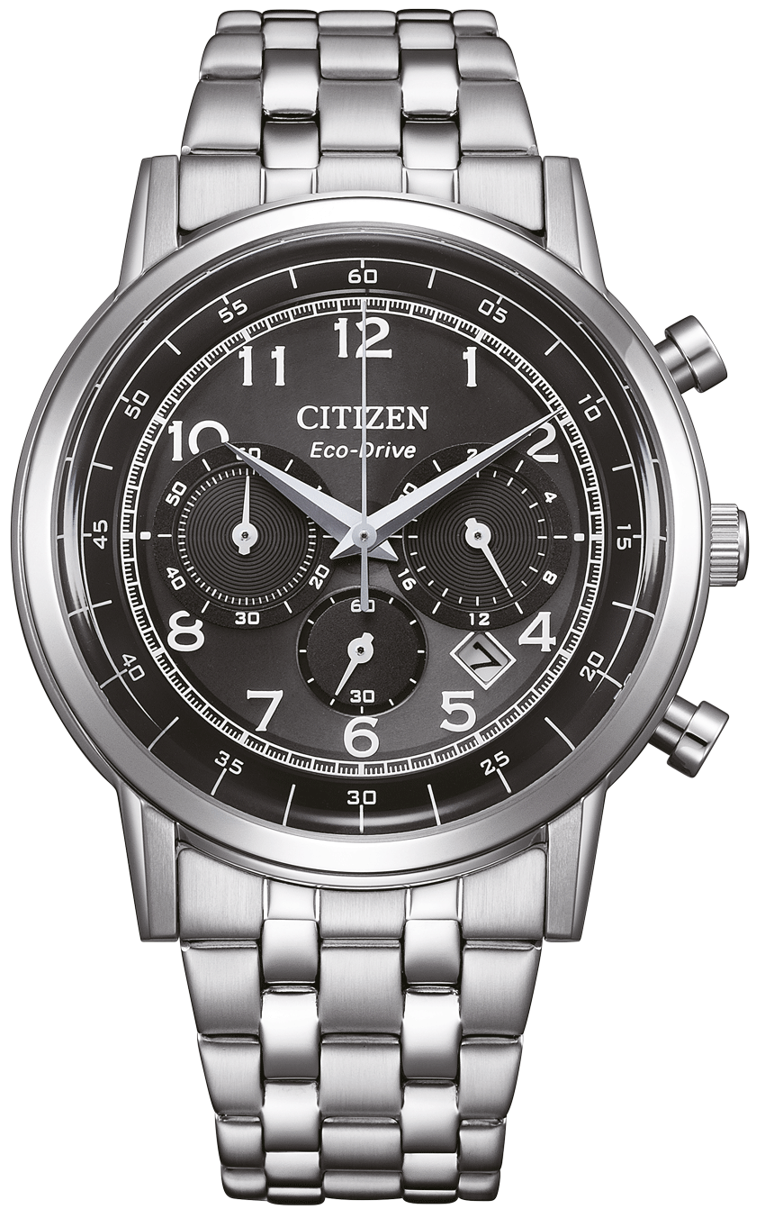 Citizen Herrenuhr mit schwarzem Zifferblatt, Chronographen-Zählern und Edelstahlarmband