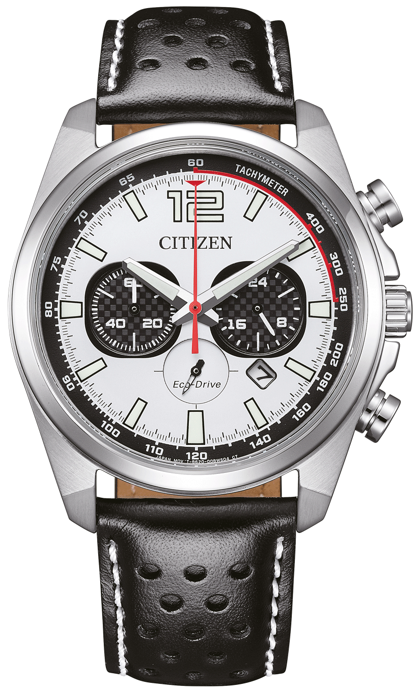 Citizen Herrenuhr mit schwarzem Lederband, silbernem Gehäuse und weißem Zifferblatt