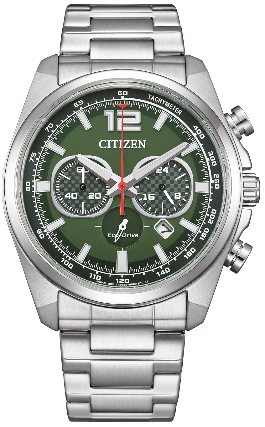 Bracelet de montre pour homme avec cadran vert, bracelet en métal et look chronographe