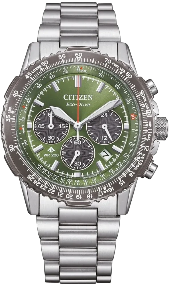 Montre pour homme avec cadran vert, compteurs chronographes et bracelet en acier inoxydable, Eco-Drive