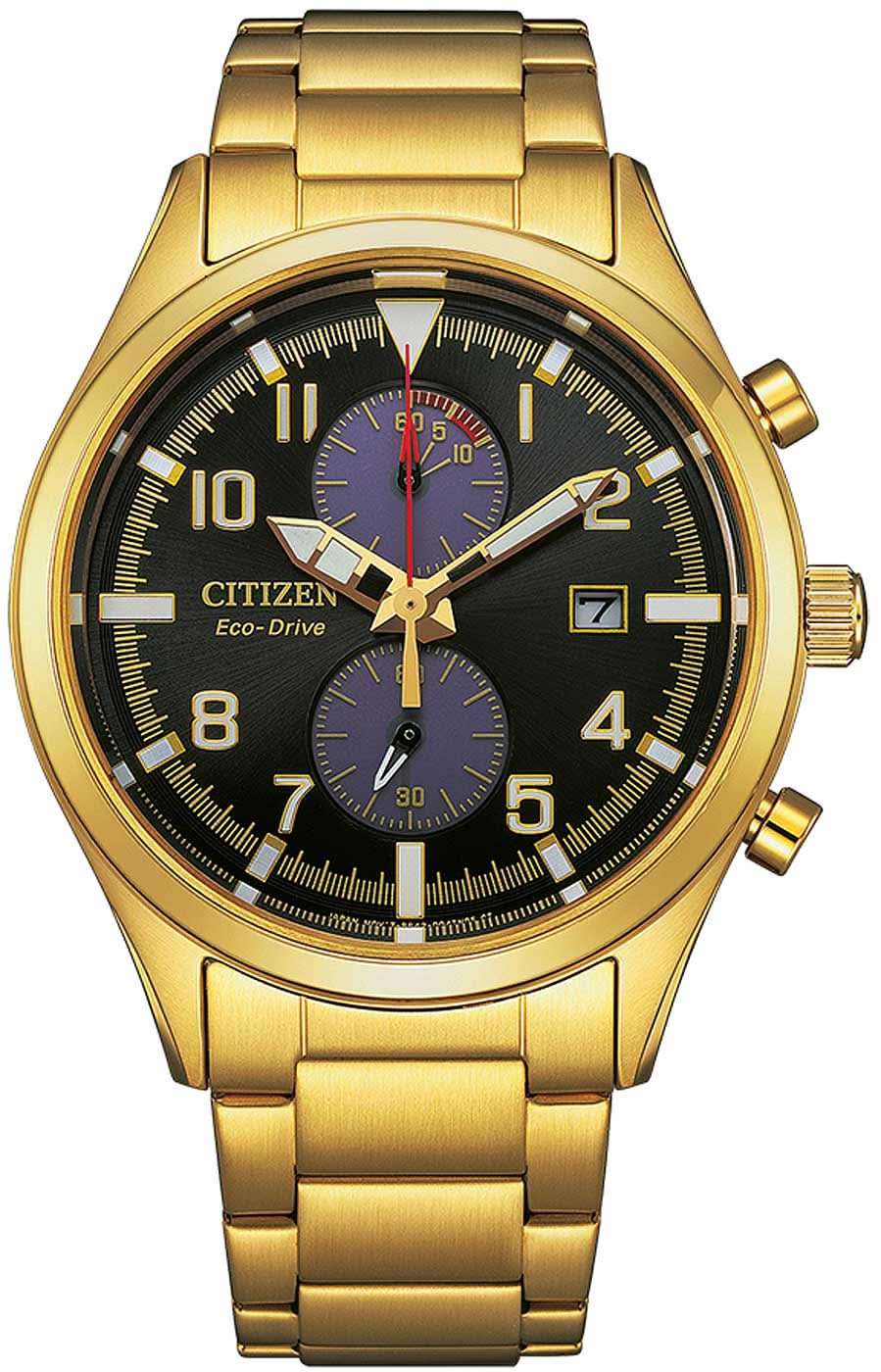 Goldene Herrenuhr mit schwarzem Zifferblatt, Edelstahlarmband und Chrono-Subdials