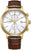 Montre homme avec boîtier doré, cadran blanc et bracelet en cuir marron.