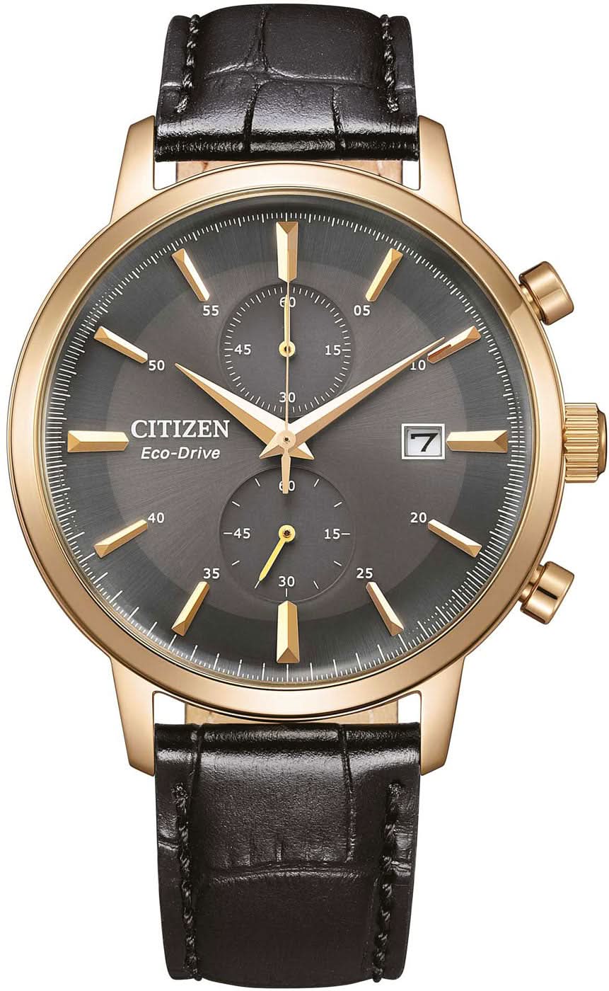Chronographe pour homme avec cadran gris foncé, boîtier doré et bracelet en cuir noir
