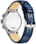 Herrenarmbanduhr mit blauem Lederarmband, silbernem Gehäuse und rückseitigem Aufdruck