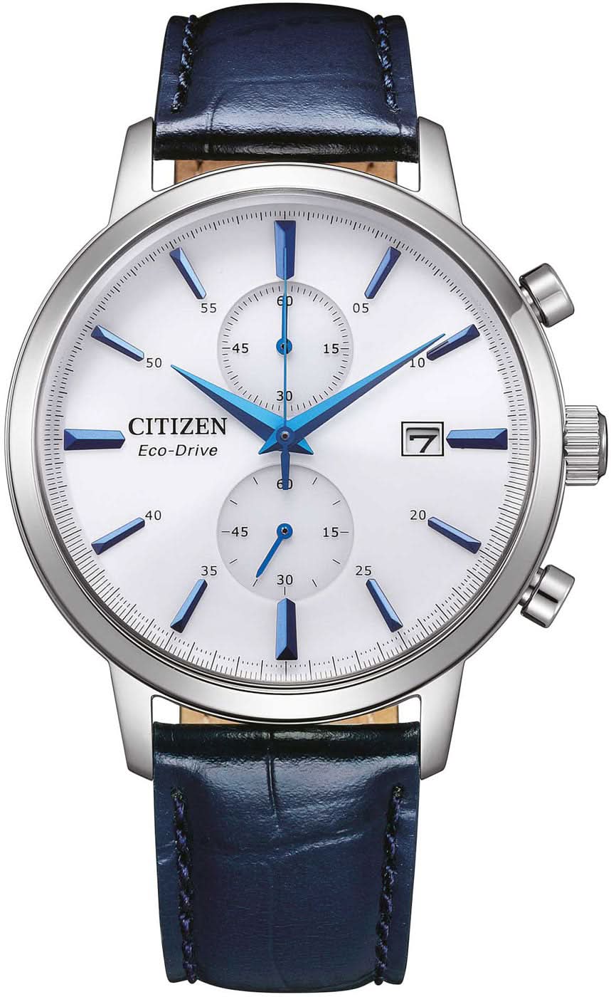 Herrenarmbanduhr mit dunkelblauem Lederarmband und silbernem Chronograph-Zifferblatt