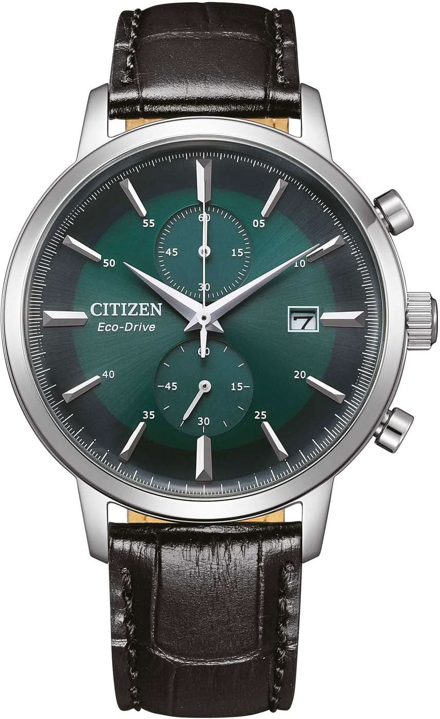 Montre Citizen pour homme : cadran vert foncé, aiguilles, bracelet en cuir
