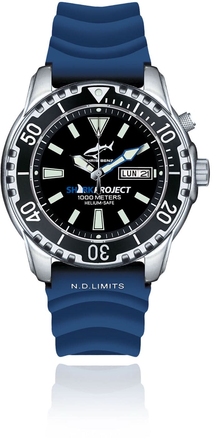 Montre homme avec bracelet en silicone bleu, cadran noir et lunette argentée