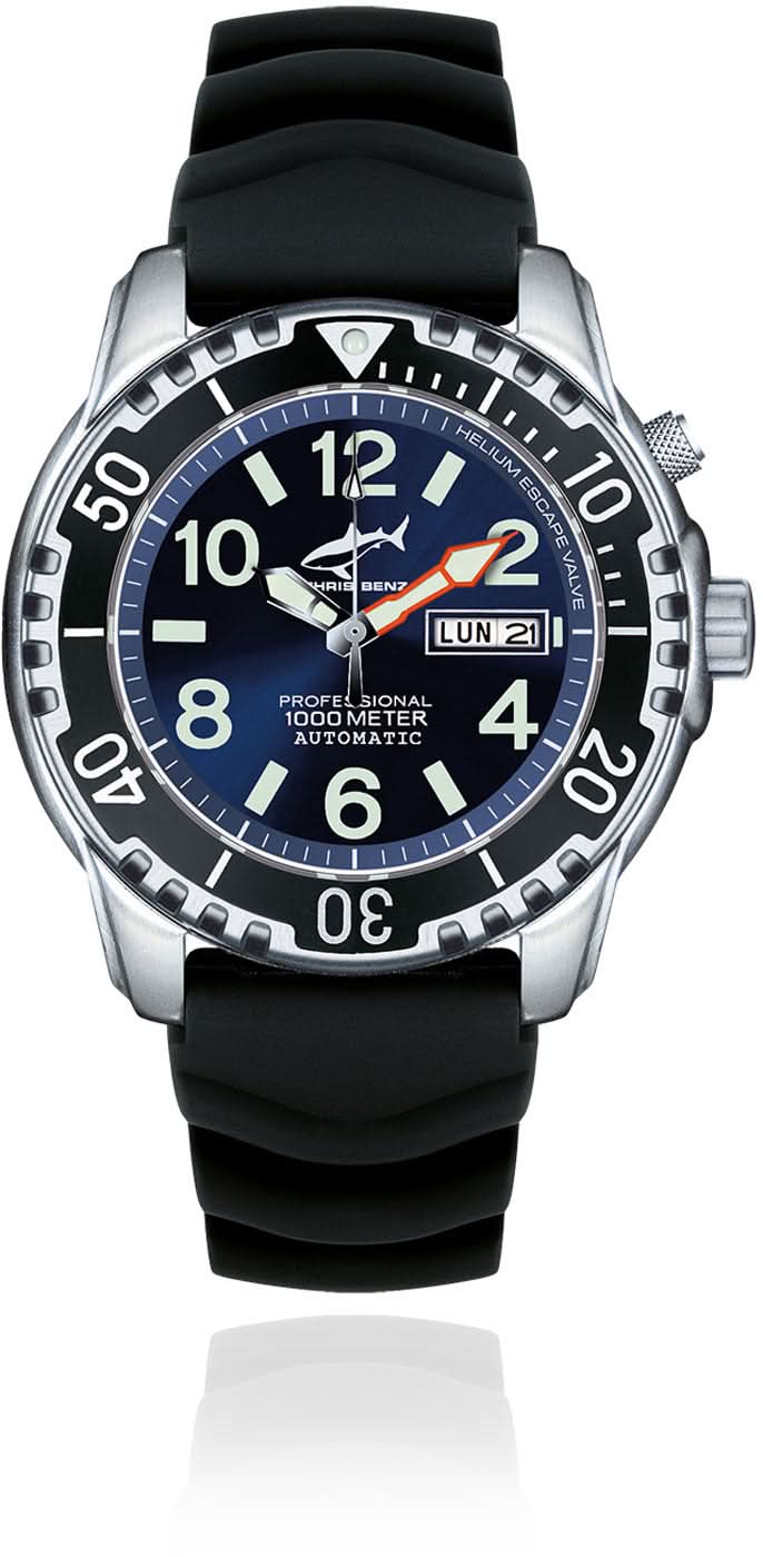 Bracelet de montre pour homme en caoutchouc noir, cadran bleu et index lumineux