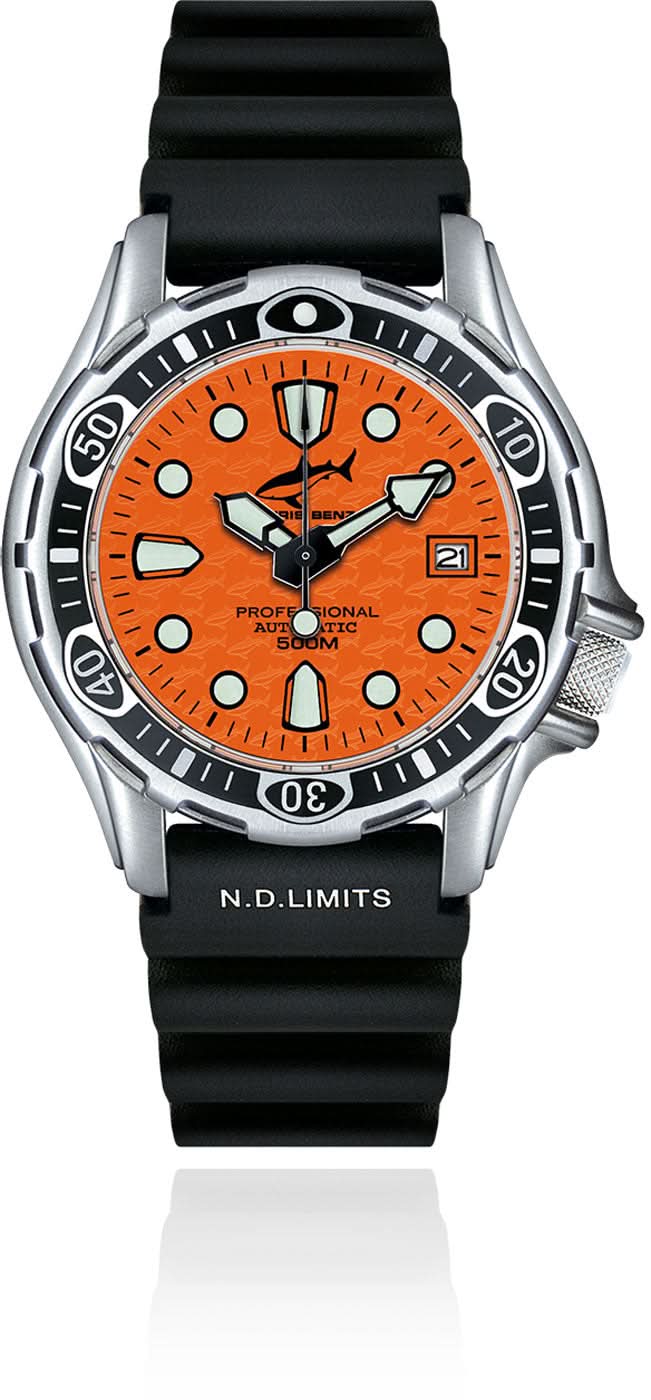Bracelet de montre avec bracelet en silicone noir, cadran orange et aiguilles lumineuses