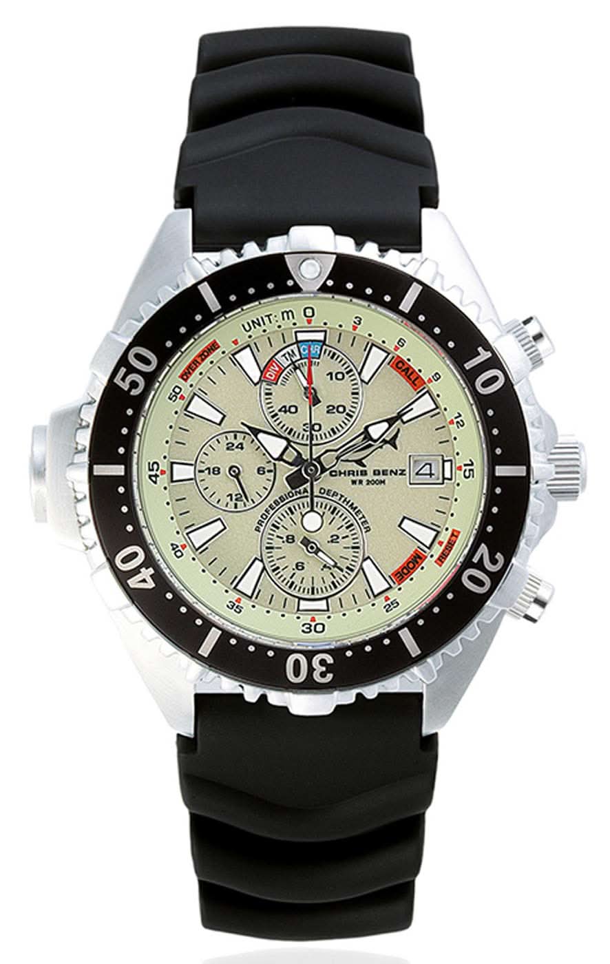 Chronographenarmbanduhr mit schwarzem Kautschukband, schwarzer Lünette und beigem Zifferblatt