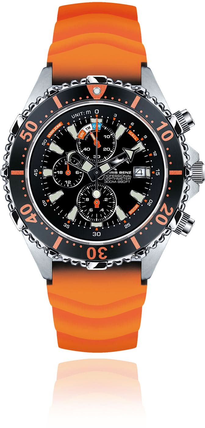 Herrenuhr mit schwarzem Zifferblatt, orangefarbenem Silikonband und Chronograph-Layout