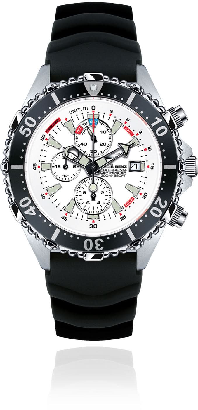 Montre de plongée avec bracelet noir, boîtier argenté et cadran blanc