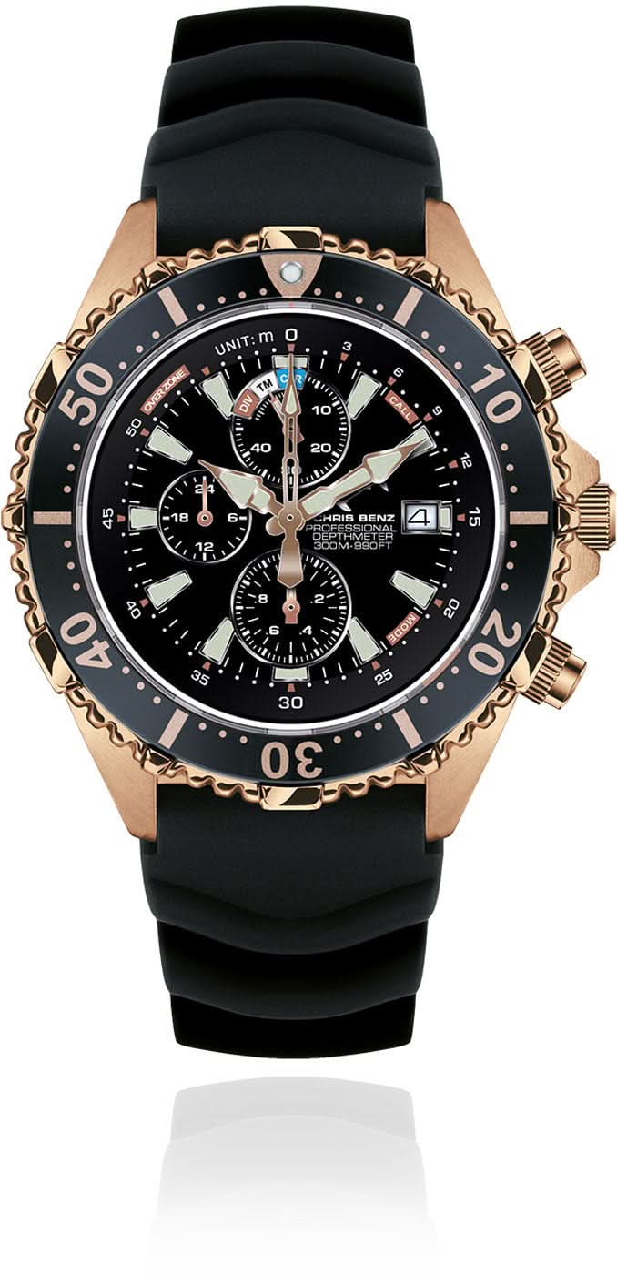 Herrenuhr mit schwarzem Zifferblatt, schwarzem Kautschukband und goldfarbener Lünette