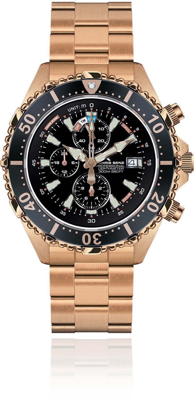 Herrenuhr mit roségoldfarbenem Edelstahlarmband und schwarzem Chronographen-Zifferblatt